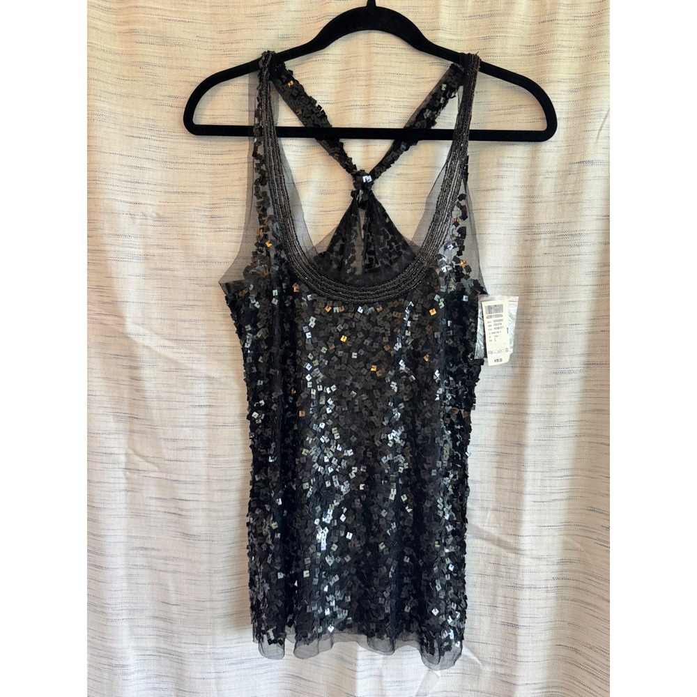 Arden B Black Sequin Beaded Knot T-Back Tank Top Mesh Overlay Size L NWT